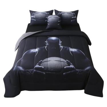 Imagem de JQinHome Conjunto de edredom de basquete solteiro para meninos, cama de 6 peças em uma bolsa, 3D - microfibra macia para todas as estações, com fronha, lençol de cima, lençol de elástico, capa de