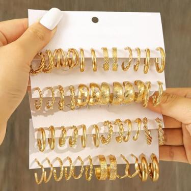 Imagem de Conjunto de 24 pares de brincos femininos de argola dourada, hipoalergênico, grosso, argola torcida, pacote de brincos para festa de aniversário, joias modernas, presente