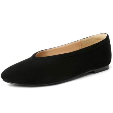 Imagem de RIBONGZ Sapatilhas femininas de camurça Mary Janes sapato social confortável bico redondo raso escritório caminhada casual elegante sapatos sem cadarço, Camurça preta, 42