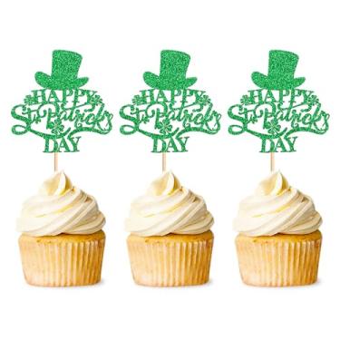 Imagem de Ercadio Pacote com 24 topos de cupcake Happy St Patrick's Day com quatro folhas para decoração de bolo para festa de chá de bebê de São Patrício