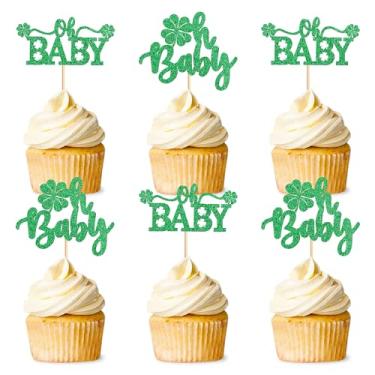 Imagem de Ercadio Pacote com 24 topos de cupcake do Dia de São Patrício com quatro folhas Oh Baby para cupcake de quatro folhas Oh Baby para chá de bebê do Dia de São Patrício Decoração de Bolo Decoração de