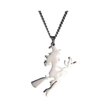 Imagem de Colar Pingente De Vassoura Mágica Voadora De Gato Bruxa Em Aço Inoxidá