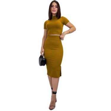 Imagem de Conjunto Saia Midi Lapis Justa Canelada Cropped Manga Curta - SWISS BO