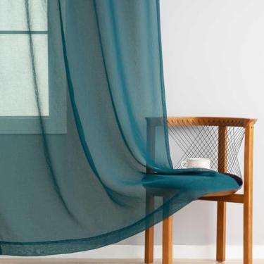 Imagem de Cortinas verdes transparentes 213 cm de comprimento, conjunto de 2 painéis, cortinas de voile com bolso de haste arejadas macias para sala de estar/quarto, conjunto de painéis de cortina transparente