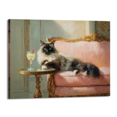 Imagem de Gato preto com Martini impressão de arte fofo gato peculiar coquetel bar decoração moderna casa cozinha arte de parede pintura em tela pôster estética (SKU10,16x24") = (40 x 60 cm), emoldurado (tela