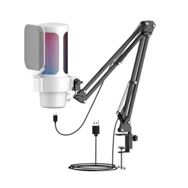 Imagem de Microfone para jogos USB com iluminação RGB Captador cardióide Botão de ganho de mudo rápido Suporte de braço para jogos de PC Gravação de streaming ao vivo Plug Play compatível (Branca)