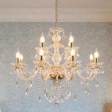 Imagem de Uboxin Lustre de cristal contemporâneo 12 luzes de teto de cristal transparente para sala de estar, luminária pendente de camada dupla base E12 para sala de jantar, escada, corredor