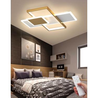 Imagem de Luminária de teto LED moderna com moldura quadrada, controle remoto e função de memória, dimerizável, ideal para sala de estar, quarto, sala de jantar e escritório (Dourada, 52cm)