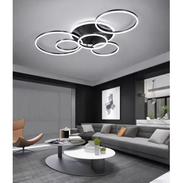 Imagem de Luminária de teto LED moderna e regulável para sala de estar, com design criativo e redondo, controle remoto, temperatura de cor de 3000K a 6500K, ideal para quartos e salas de jantar (preta