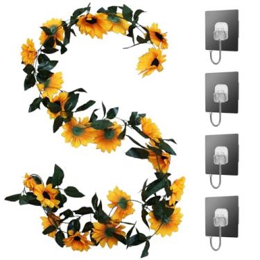 Imagem de Bairdish 2 peças de videiras artificiais de girassol, 2,3 m/fio grande, flores amarelas falsas de seda penduradas com folhas verdes para casamento, casa, cozinha, sala de estar, festa de aniversário