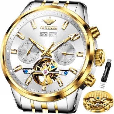 Imagem de OLEVS Relógios automáticos masculinos mecânicos para negócios, relógio de pulso com corda automática, vários calendários, aço inoxidável, à prova d'água, relógios de luxo masculinos, 3296 - dois tons