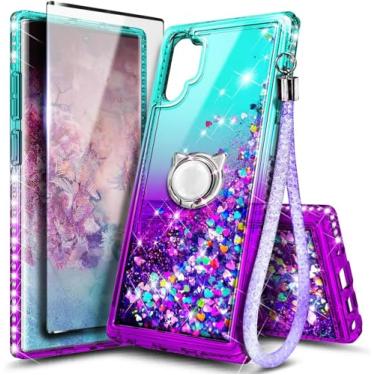 Imagem de Capa NGB projetada para Samsung Galaxy Note 10+ (Plus), água/roxa | Capa fofa com glitter líquido brilhante | com protetor de tela, suporte de anel e cordão de pulso para mulheres, meninas e crianças