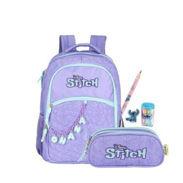 Imagem de Kit Mochila Stitch Costas E Estojo Triplo Matelassê Escolar Cor:Roxo, 