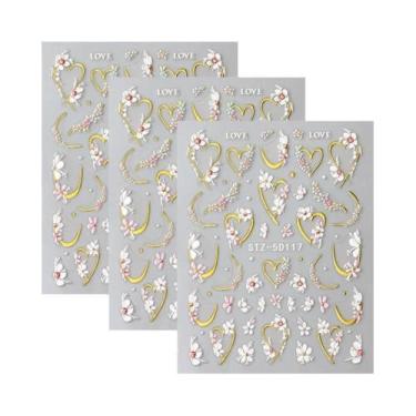 Imagem de Adesivos De Unhas Kawaii Com Linha Dourada Floral 5D, Pétalas Brancas 