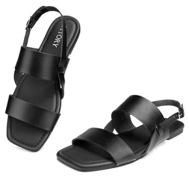 Imagem de FITORY Sandálias rasteiras femininas modernas, quadradas, bico aberto, fivela ajustável, chinelos verão tamanho 6-11, Todo preto, 38