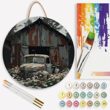 Imagem de Kit de pintura rústica country por números para adultos em tábua de madeira – Kit de pintura artesanal de madeira vintage DIY para caminhões e celeiros e margaridas, redondo de 30 cm, conjunto de