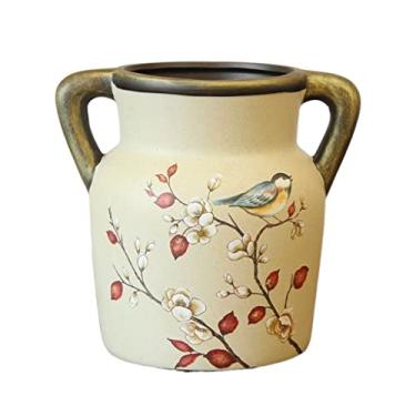 Imagem de Vaso de decoração de mesa retrô vaso de orelha dupla arte floral mesa de centro cerâmica arranjo de flores artificiais decoração vasos de flores