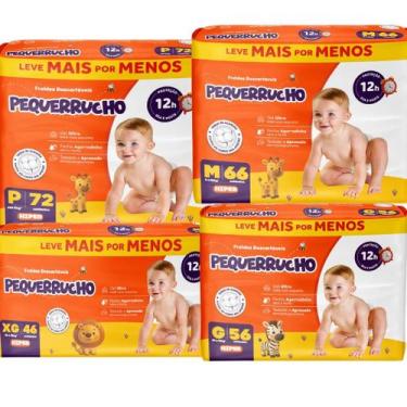 Imagem de KIT 4 Fraldas Descartáveis Pequerrucho Hiper Todos os Tamanhos, G