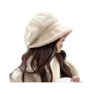 Imagem de Chapéu De Pescador Feminino De Inverno Em Veludo Grosso Com Aba Larga 