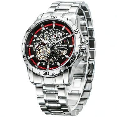 Imagem de GLENAW Relógios automáticos masculinos – Mecânico, mostrador esqueleto, à prova d'água de 30 ATM, com pulseira de aço inoxidável, relógio de pulso – Presente elegante masculino, 8999 - Prata vermelha