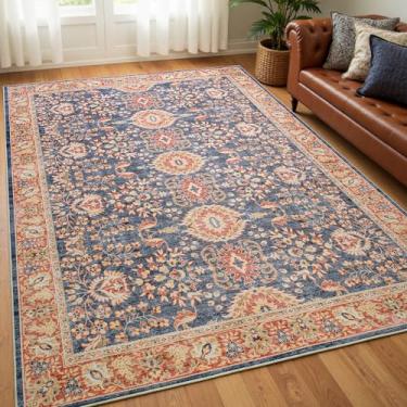 Imagem de Goideal Tapete lavável 7 x 12 cm, tapetes vintage antiderrapantes, tapete de pilha baixa para interior com suporte de borracha para sala de estar, cozinha, banheiro, entrada, escritório, quarto, azul