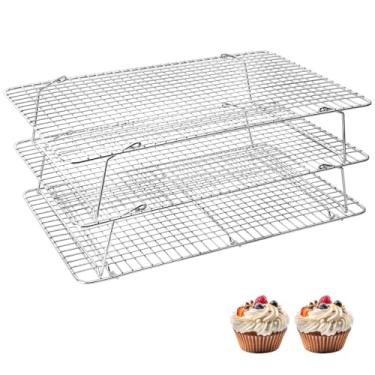 Imagem de Pleafind Rack de resfriamento empilhável de 3 peças de prata - 40,6 x 25,4 cm, grades de aço inoxidável resistentes, prateleiras de resfriamento para cozinhar e assar bolo, pizza, forno e lava-louças