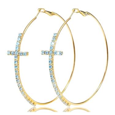 Imagem de Brincos de argola de cruz grande/grande para mulheres na moda 2025 brincos de argola brilhantes com strass brincos de argola para formatura festa de casamento joias formais para vestido feminino