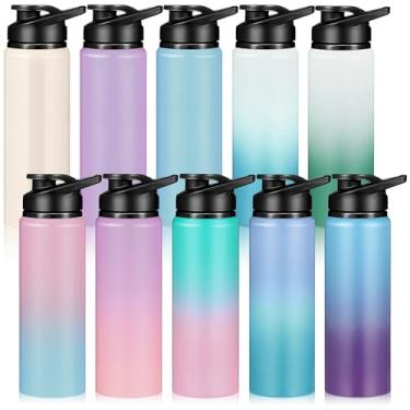 Imagem de Mimorou Pacote com 10 garrafas de água de alumínio a granel de 740 ml garrafas esportivas reutilizáveis com tampa de pressão e alça garrafa de água multicolorida à prova de vazamento para academia