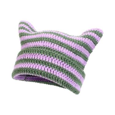 Imagem de Gorro Feminino Quente De Crochê Com Orelhas De Gato Em Acrílico, Estil