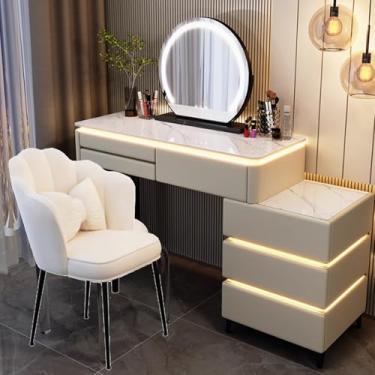 Imagem de Conjunto de maquiagem com espelho e luzes, penteadeira com espelho de tela sensível ao toque de 3 cores, mesa e cadeira para uma estação de maquiagem elegante.