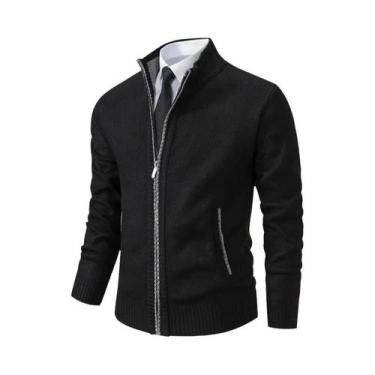 Imagem de Cardigã Masculino De Fleece Quente Com Zíper, Cor Sólida, Gola Alta, C
