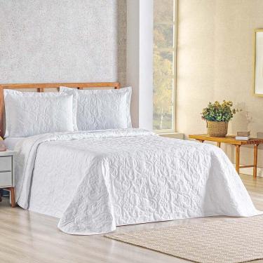 Imagem de Kit Cobre Leito Colcha Celeste Queen 3 Peças Matelado Floral 180 Fios - Branco
