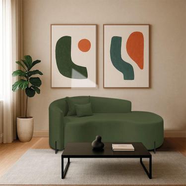 Imagem de Divã Recamier Curvo Sala De Estar Recepção Inglaterra 200cm Pés Metal Preto Lado Direito Linho Verde