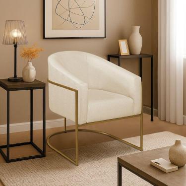 Imagem de Poltrona Decorativa Jade Moderno Escritório Confortável Luxo Base De Ferro Dourado Bouclé Cor Bege
