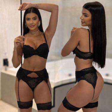 Imagem de Lingerie Com Bojo Sensual Sexy Com Cinta Liga Renda Calcinha fio - LIk