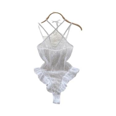 Imagem de Macacão Feminino Transparente Com Renda, Babados E Alças Cruzadas, Est