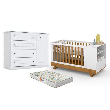 Imagem de Berço Multifuncional Bkids Branco Freijó Eco Wood - Matic E Cômoda Infantil Americano Branco Hp E Colchão Gazin - Henn