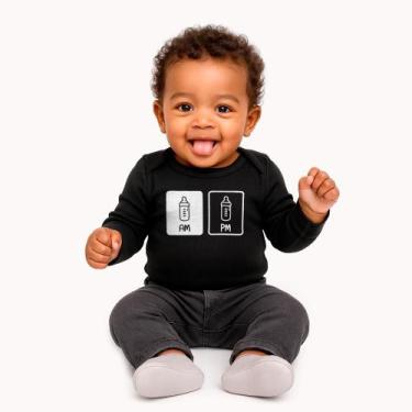 Imagem de Body Bebê Manga Longa AM PM Preto - Estampa Divertida em Algodão, M