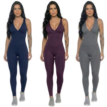 Imagem de KIT 3 Macacão Liso Longo Com Bojo Serra e Mar Modas Academia Treino Suplex Fitness Feminina-Feminino