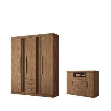 Imagem de Kit Guarda Roupa Casal e Cômoda Denver 4 Portas de Bater 3 Gavetas MDP Jatobá Casa H