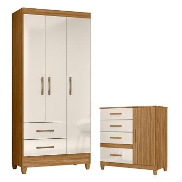 Imagem de Guarda Roupa Solteiro e Cômoda Lima Vênus 4 Portas Giratórias 6 Gavetas em MDP com Pés e Cabideiro Freijó Off White