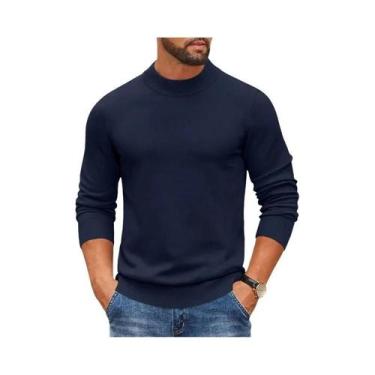 Imagem de Suéter Masculino De Tricô Canelado Gola Alta Falsa, Corte Slim, Pesado