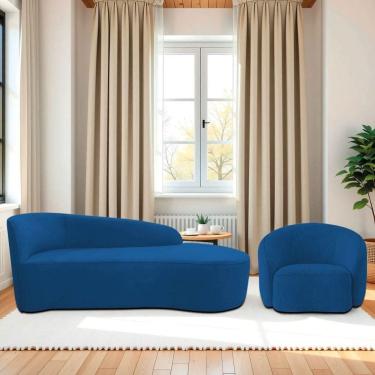 Imagem de Kit Divã Recamier Orgânico França 160cm Lado Direito E Poltrona Amore Linho Azul Royal