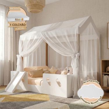 Imagem de Cama Casinha Montessoriana Isa Mdf +led +voal + Escorregador + Colchão Casal Kids - Branco