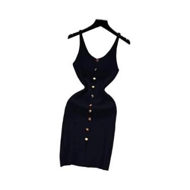 Imagem de Vestido Feminino Bodycon De Malha Com Alça Fina E Fenda, Botões Fronta