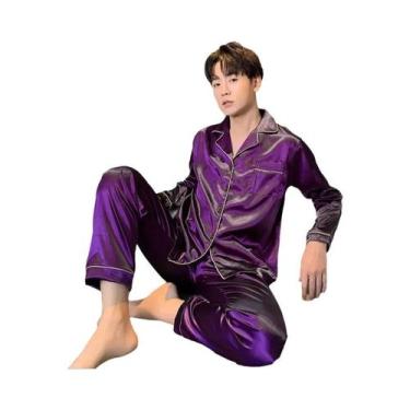 Imagem de Conjunto De Pijamas De Seda Satinada Para Homens, Camisa De Manga Long