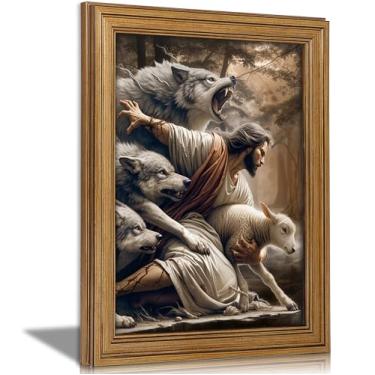 Imagem de Arte de parede vintage com moldura dourada Jesus e Cordeiro Jesus salva a ovelha perdida impressões cristãs em tela Shepherd Protect a Lamb from Wolves Picture Religious Painting Poster Artwork for