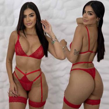 Imagem de Conjunto Com Cinta Liga Sensual Sem Bojo Calcinha fio dental Rendado S