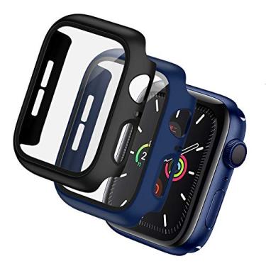 Imagem de Bharvest — Capa rígida de policarbonato compatível com Apple Watch série 3/2/1 38 mm, capa com protetor de tela de vidro temperado, cobertura total sem bolhas para acessórios iWatch, preta + azul