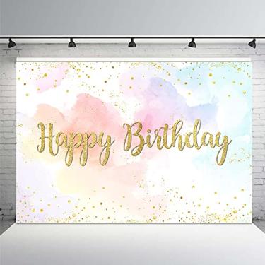 Imagem de MEHOFOND Fundo de Feliz Aniversário Arco-íris Pastel de 2,1 x 1,5 m para Meninas Princesa Aquarela Fundo Colorido Nuvem Dourado Glitter Pontos Suprimentos para Mesa de Bolo Foto Estande Adereços
